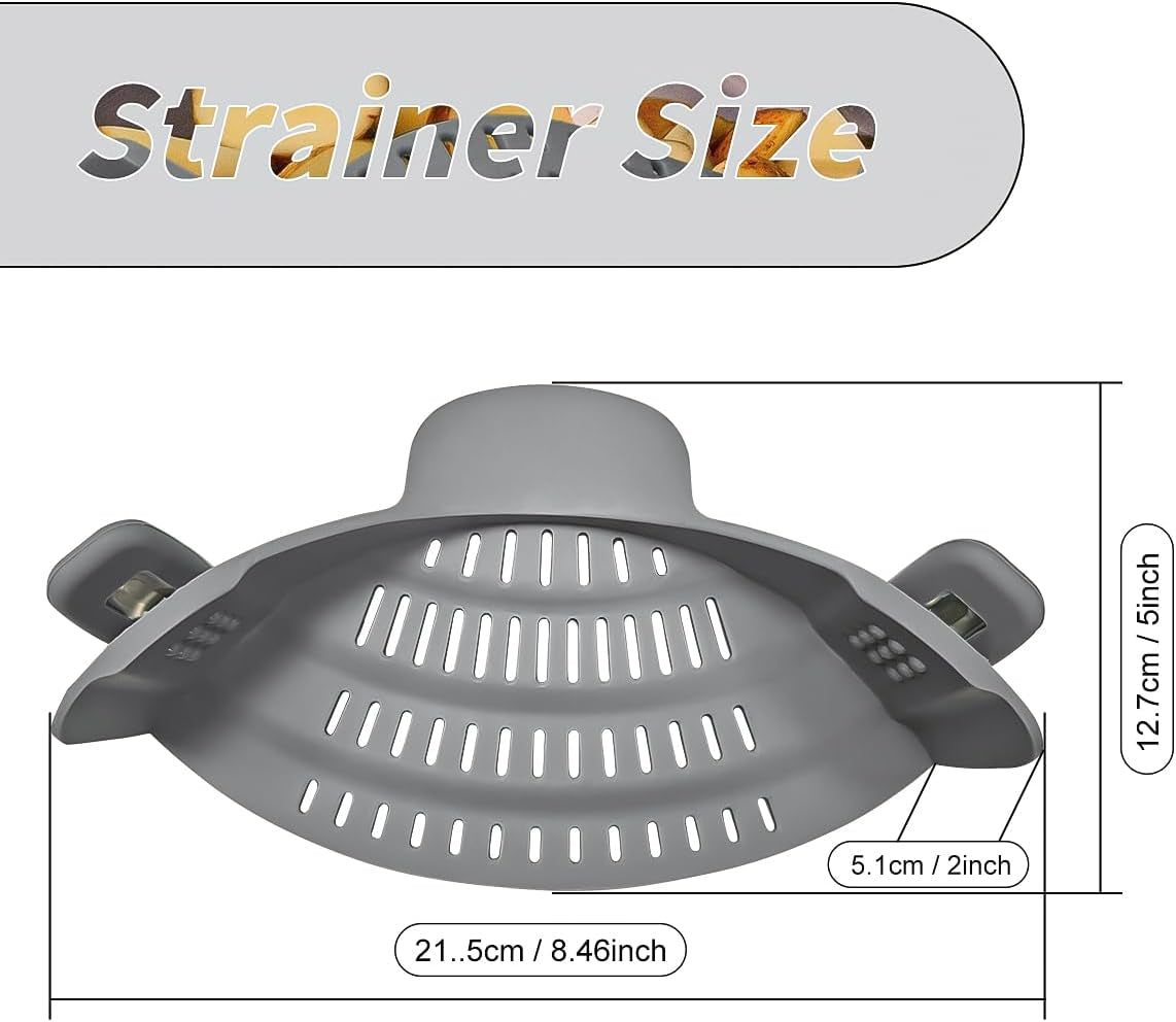 Silicone Clip-On Strainer for Pots and Pans - Heat Resistant Colander for Pasta, Meat, Vegetables, and Noodles - Essential Kitchen Tool - Gray