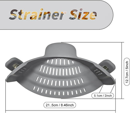 Silicone Clip-On Strainer for Pots and Pans - Heat Resistant Colander for Pasta, Meat, Vegetables, and Noodles - Essential Kitchen Tool - Gray