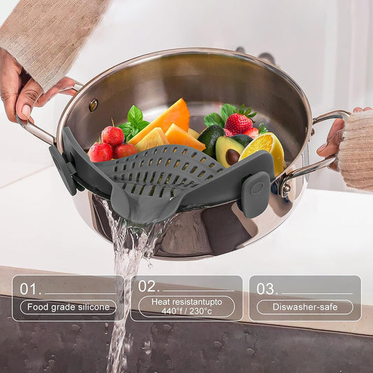 Silicone Clip-On Strainer for Pots and Pans - Heat Resistant Colander for Pasta, Meat, Vegetables, and Noodles - Essential Kitchen Tool - Gray