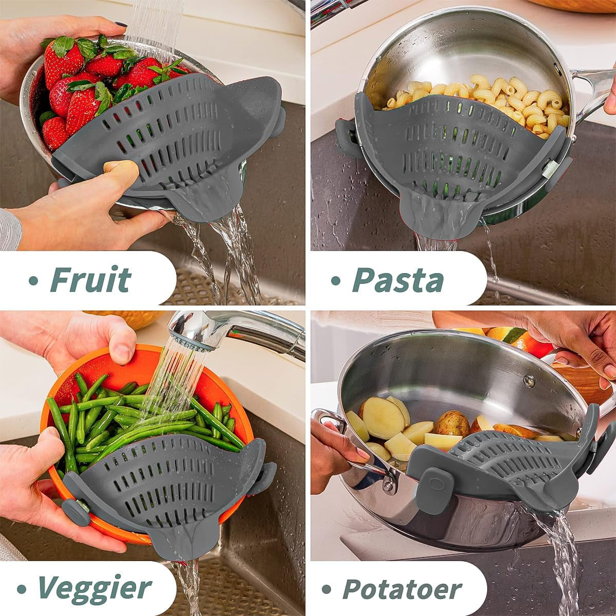 Silicone Clip-On Strainer for Pots and Pans - Heat Resistant Colander for Pasta, Meat, Vegetables, and Noodles - Essential Kitchen Tool - Gray