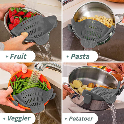 Silicone Clip-On Strainer for Pots and Pans - Heat Resistant Colander for Pasta, Meat, Vegetables, and Noodles - Essential Kitchen Tool - Gray