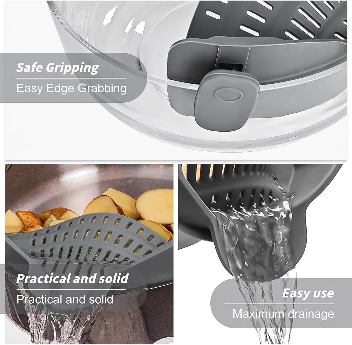 Silicone Clip-On Strainer for Pots and Pans - Heat Resistant Colander for Pasta, Meat, Vegetables, and Noodles - Essential Kitchen Tool - Gray