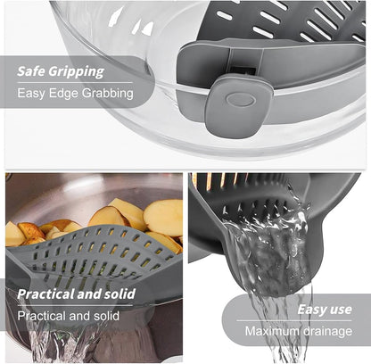 Silicone Clip-On Strainer for Pots and Pans - Heat Resistant Colander for Pasta, Meat, Vegetables, and Noodles - Essential Kitchen Tool - Gray